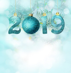 Set of silver shiny digits on glitter background. New year 2019 background. Christmas.