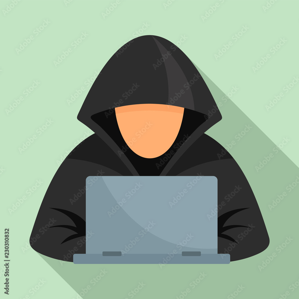 Poster hacker at laptop icon. flat illustration of hacker at laptop vector icon for web design
