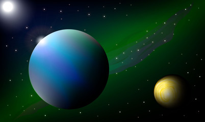 two planets yellow and blue-red