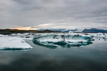 Blue icebergs floating in Jokulsarlon glacial, Iceland in summer at dusk, reflections in the water.