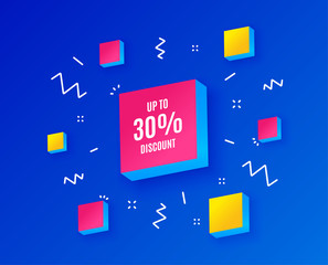 Up to 30% Discount. Sale offer price sign. Special offer symbol. Save 30 percentages. Isometric cubes with geometric shapes. Creative shopping banners. Template for design. Vector