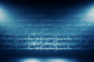 Brick wall background, street lights, neon light, smoke