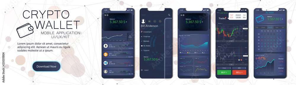 Poster Crypto wallet mobile app template. User interface design with a disassembled interface, in the form of a collection of mobile screens. Crypto online currency payment and wallet concept. Vector set