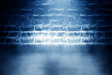 Brick wall background, street lights, neon light, smoke