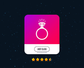 Ring sign icon. Jewelry with shine diamond symbol. Wedding or engagement day symbol. Web or internet icon design. Rating stars. Just click button. Ring vector