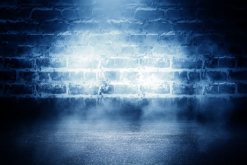 Brick wall background, street lights, neon light, smoke