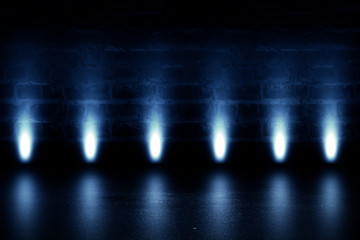 Brick wall background, street lights, neon light, smoke