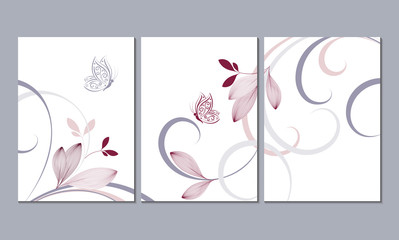 Set of 3 canvases for wall decoration in the living room, office, bedroom, kitchen, office. Home decor of the walls. Floral background. Element for design.