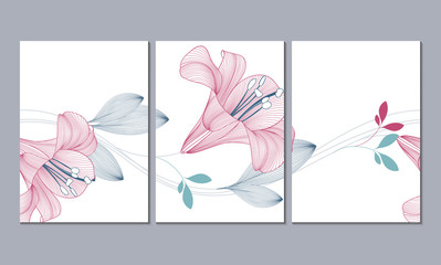 A set of 3 canvases for wall decoration in the living room, office, bedroom, kitchen, office. Home decor of the walls. Floral background with flowers of lily. Element for design. 