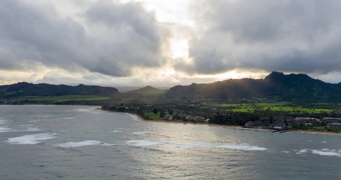 Kapaa Kauai Hawaii Aerial City Mountains Sunset Hyperlapse