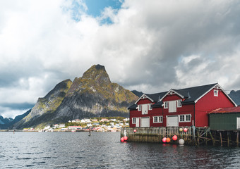 Fototapeta na wymiar Famous tourist attraction of Reine in Lofoten, Norway with red rorbu houses, clouds, rainy day with bridge and grass and flowers.