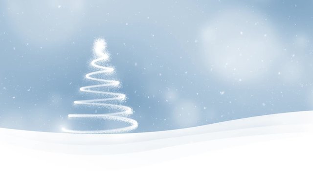 New year decoration tree with snowfall on soft blue bokeh motion background. 