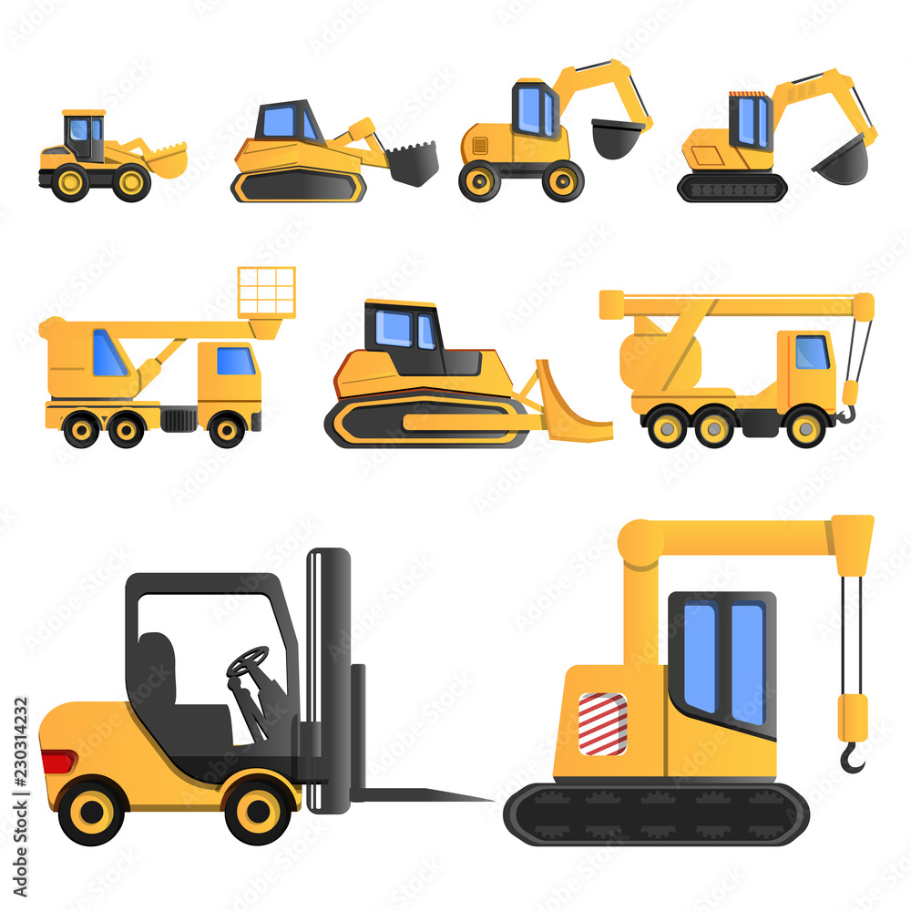 Poster lifting machine icon set. cartoon set of lifting machine vector icons for web design