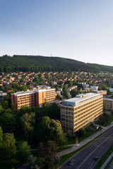 Obraz premium Typified red brick family Bata houses in Zlin, Moravia, Czech Republic, sunny summer day