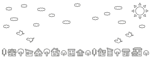 デフォルメした家と木の並び(空と雲と鳥)手書き風線画のみロングバージョン