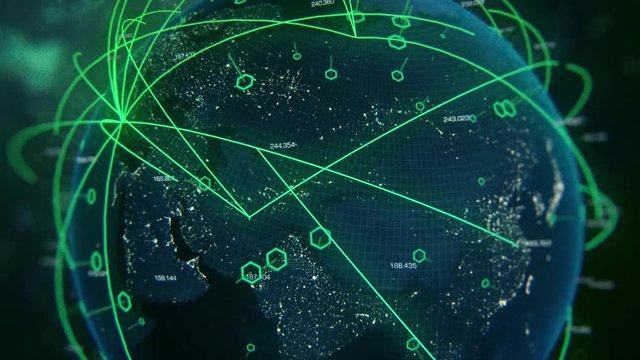 Camera zoom out from clouds to digital green globe with number and connections