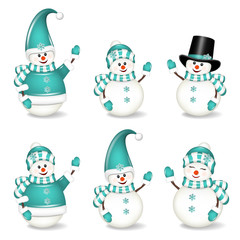 Christmas snowmen set, isolated on white background.