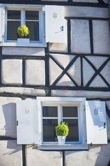 House plants on wooden windows with shutters. Details. Colmar, Alsace, France