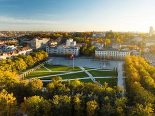 Fototapeta na wymiar Aerial view of newly renovated Lukiskes square, Vilnius. Sunset landscape of Old Town of Vilnius, the heartland of the city, Lithuania.