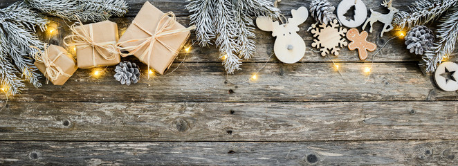 christmas wooden natural decoration ornament wide horizontal banner with copyspace - Powered by Adobe