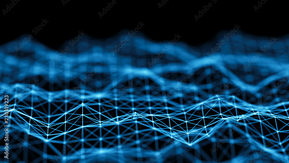 Poster Data technology background. Abstract background. Connecting dots and lines on dark background. 3D rendering. 4k.