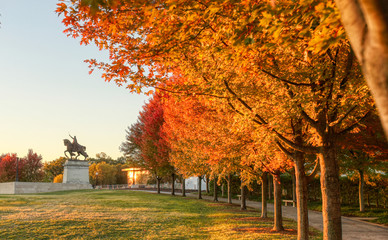 October 20, 2018 - St. Louis, Missouri - The sunrise and fall foliage around the Apotheosis of St....