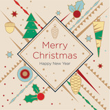 Golden Christmas greeting card. Christmas elements on a golden background. New Year's design template with a window for text. Vector flat. 