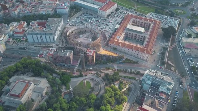 Aerial view of old bullring and Polytechnic University of Cartagena, Spain