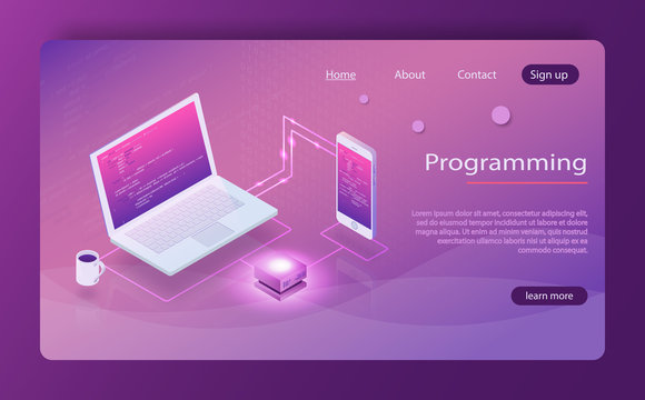 Software development and programming, program code on laptop screen, big data processing