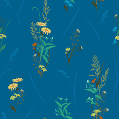 Seamless vector floral pattern with meadow flowers hand-drawn in sketch style in pastel colors on blue background