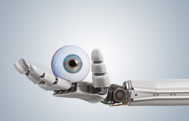 Robotic hand is holding human eye. 3D rendered illustration.