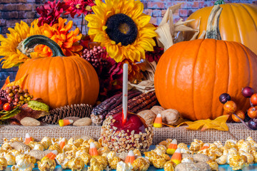 popcorn peanuts candy corn and red candy apple on blue table with background of fall flowers...