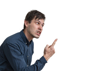 Young angry man threatening with finger isolated on white background.
