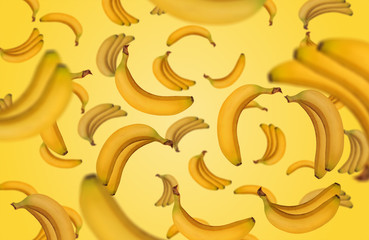 Bananas falling down on yellow background.