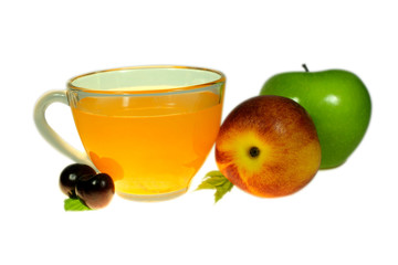 Fresh peach, apple, fruit drink, isolated on white background under pruning, vegetarian healthy eating, clipping path