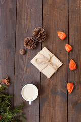 Christmas background with gifts and Christmas tree tea cup fruit