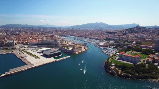 4K Aerial view of Marseille pier - Vieux Port, Saint Jean castle, and mucem in south of France