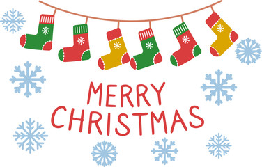 Merry Christmas Sign with socks garland and snowflakes, greeting card, vector illustration