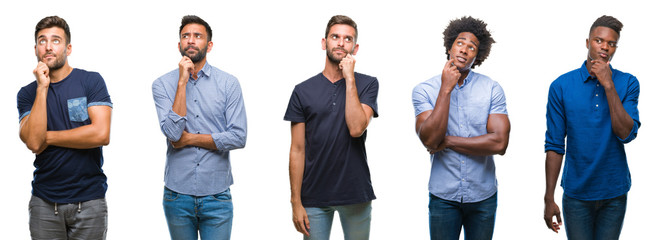 Collage of group of hispanic, american, indian men over isolated background with hand on chin thinking about question, pensive expression. Smiling with thoughtful face. Doubt concept.