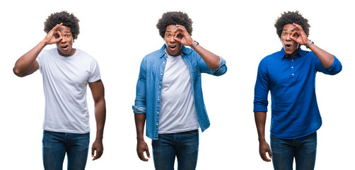 Obraz premium Collage of african american young shirtless man and business man over isolated background doing ok gesture shocked with surprised face, eye looking through fingers. Unbelieving expression.