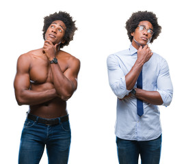 Collage of african american shirtless and business man over isolated background with hand on chin thinking about question, pensive expression. Smiling with thoughtful face. Doubt concept.