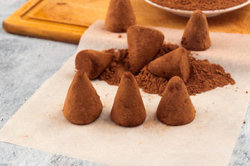 Chocolate candy truffles on candy paper with cocoa powder.