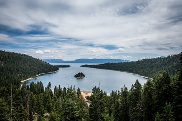Partly cloudy, dreary day at Emerald Bay in South Lake Tahoe California