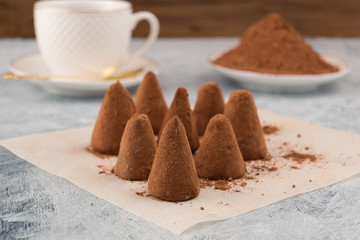 Candy in the form of a cone of chocolate, cocoa powder, Cup and saucer for tea.