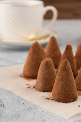 Candy with chocolate in cocoa powder for the confectionery paper.