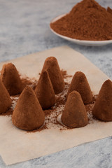 Chocolate candy and cocoa powder for sprinkling.