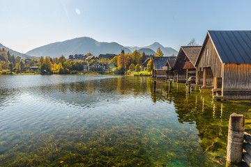 Idyllic autumn scene in Grundlsee lake. Location: resort Grundlsee, Liezen District of Styria, Austria, Alps. Europe.