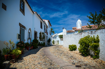 Stone street with old white houses with red tiles and flowerpots against the blue sky in Portugal