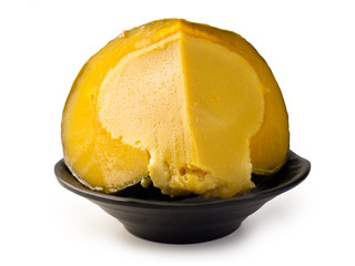 Egg custard in pumpkin on white background.(clipping path)