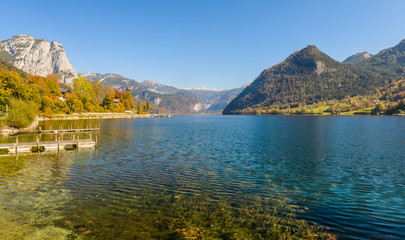Idyllic autumn scene in Grundlsee lake. Location: resort Grundlsee, Liezen District of Styria, Austria, Alps. Europe.